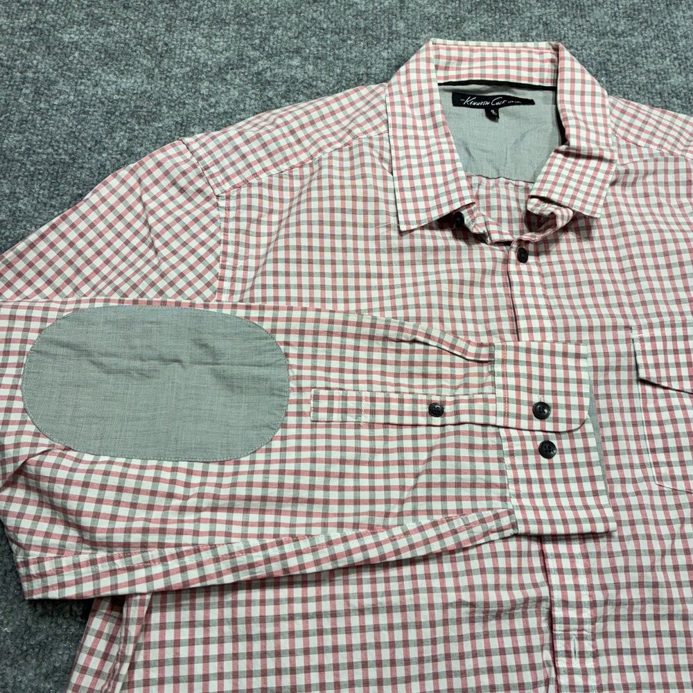 Kenneth Cole New York Shirt Mens XL Red Gray Gingham Check Long Sleeve Dress